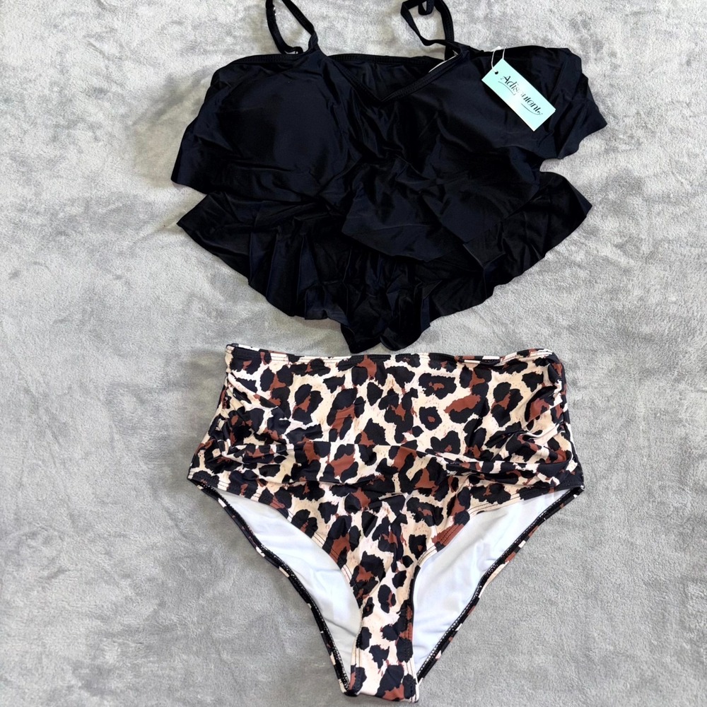 Adisputent Swimwear Bikini Sets Womens Medium‎ Black Leopard Print Tummy Control
